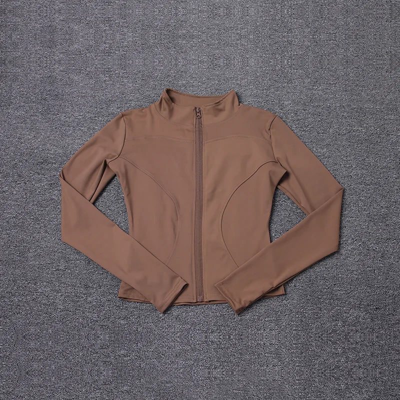 Women's Workout Jacket - Long Sleeve Zip Gym Layer - Camel