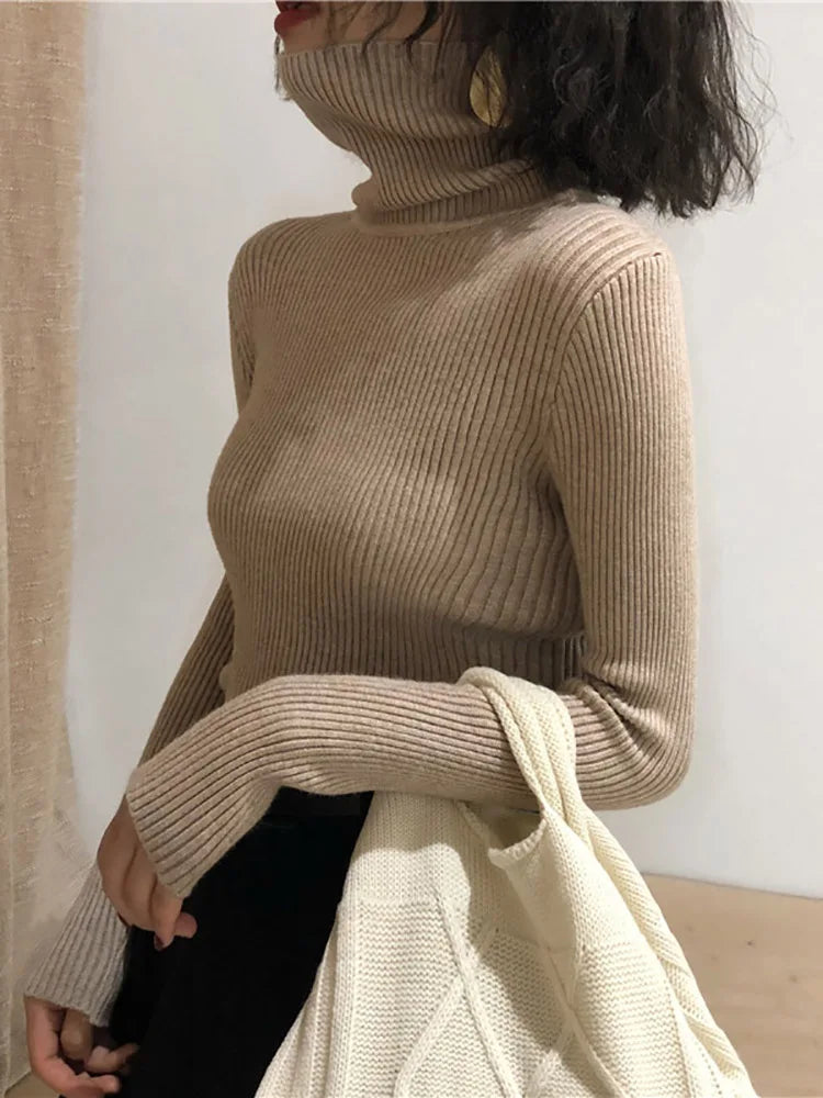 Women's Turtleneck Sweater - Long Sleeve Pullover Knit Top - Khaki