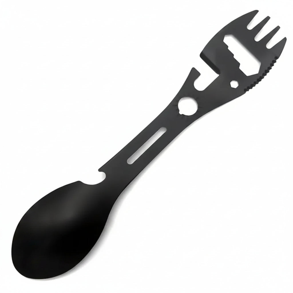 Camping Spork Tool - Fork Spoon with Opener for Outdoor Meals - Black