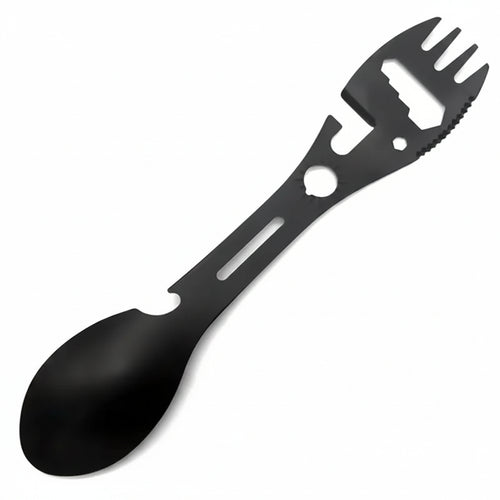 Camping Spork Tool - Fork Spoon with Opener for Outdoor Meals - Black