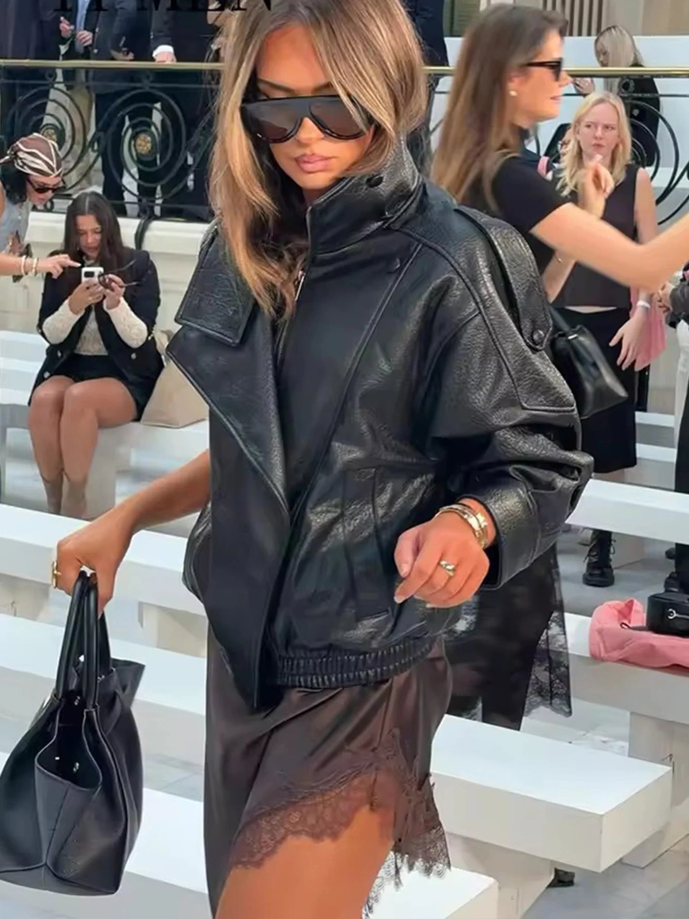 Women's Faux Leather Jacket - Stand Collar Zipper Coat