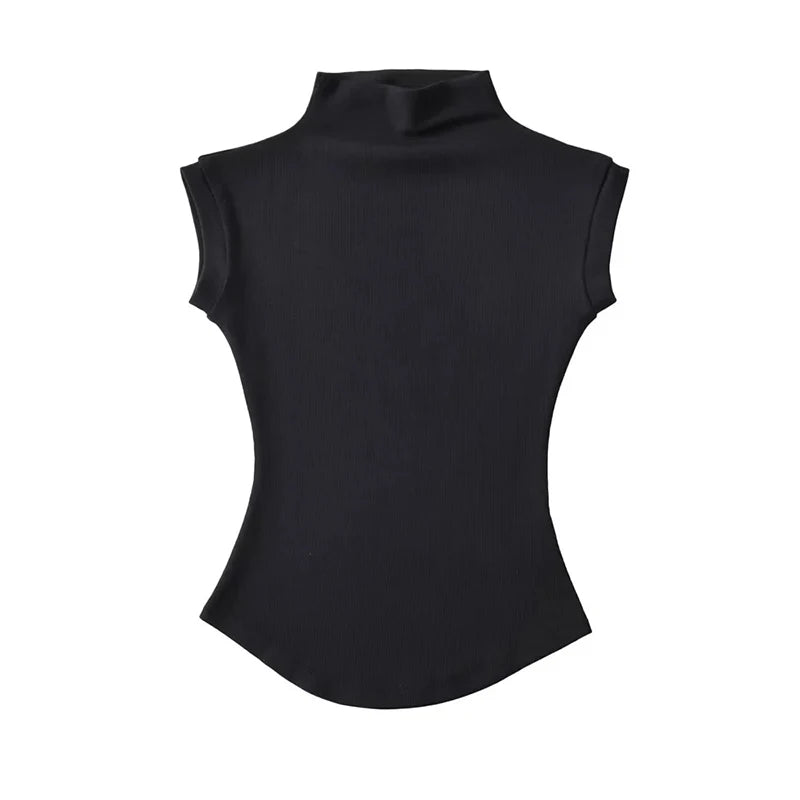 Sleeveless Turtleneck Top - Slim Fit Summer Tee - Black