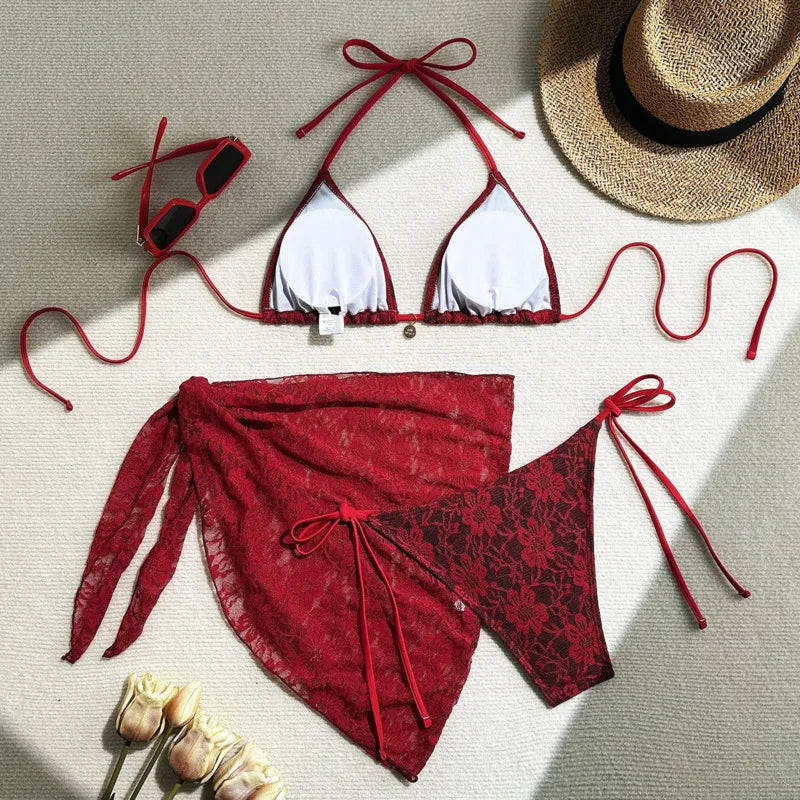 Women's Lace Three-Piece Bikini Set - Floral Swimwear