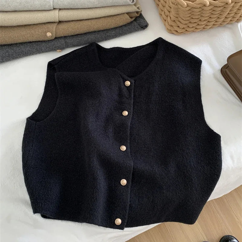 Women's Button Sweater Vest - Sleeveless Knit Cardigan Top - Black