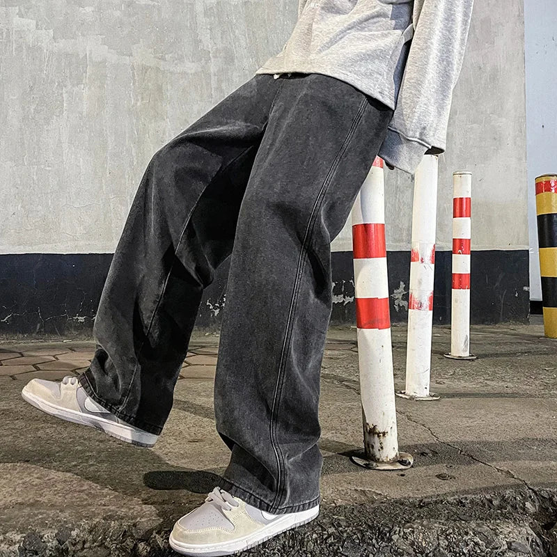 Men's Wide Leg Jeans - Loose Streetwear Denim Pants - Black Gray