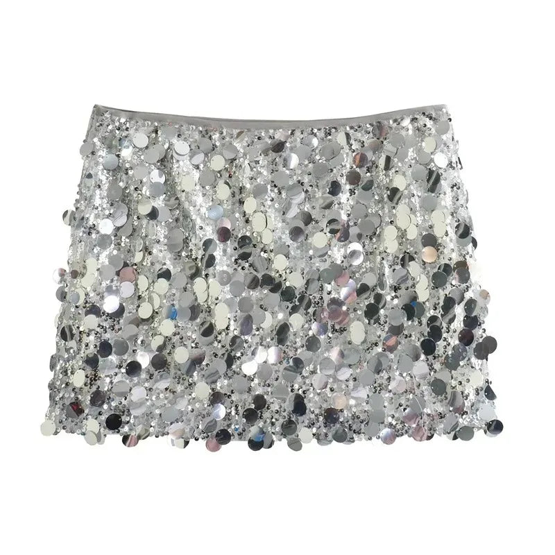 Silver Sequin Mini Skirt - High Waist Glitter Short Skirt