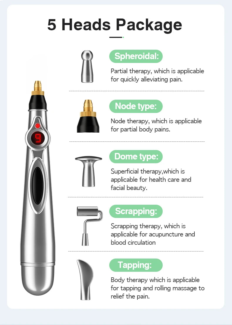 Electric Acupressure Pen – Meridian Massage Tool with Multi-Head Tips