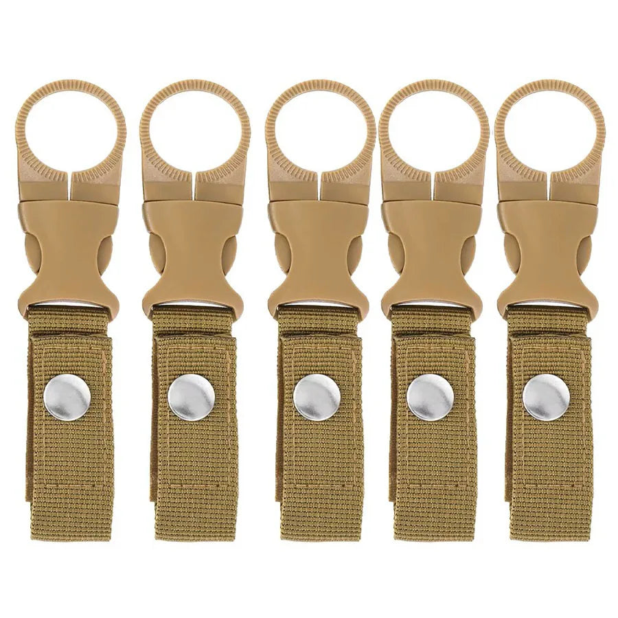 Nylon Water Bottle Holder Clip - Backpack Strap Hook - Tan 5 Pieces