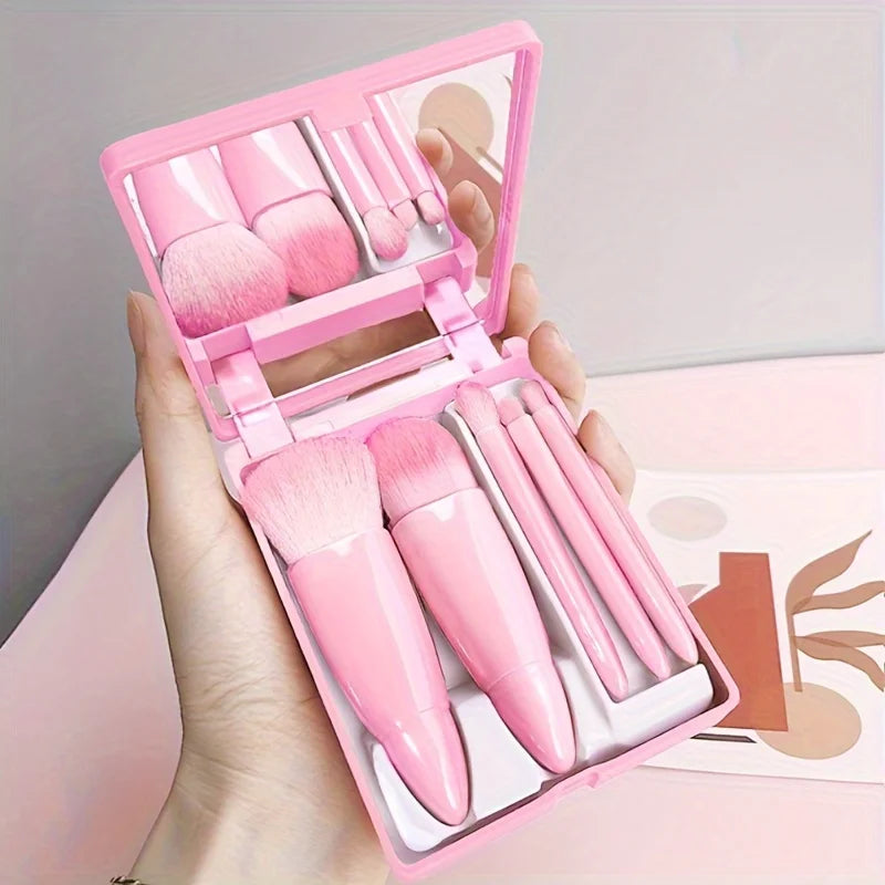 Portable Makeup Brush Set - Foldable Mirror Travel Kit - Pink