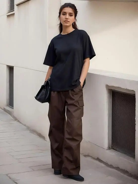 Women's Solid Cotton T-Shirt - Short Sleeve Casual Tee - Black