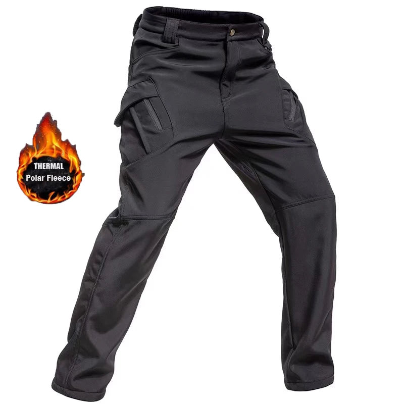 Men's Fleece Cargo Hiking Pants - Outdoor Softshell Trousers - Black Pant Tx9