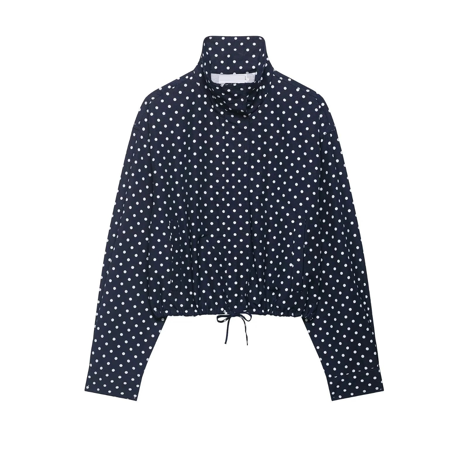 Women's Polka Dot Zip Jacket - Drawstring Casual Outerwear - Navy Dot Top