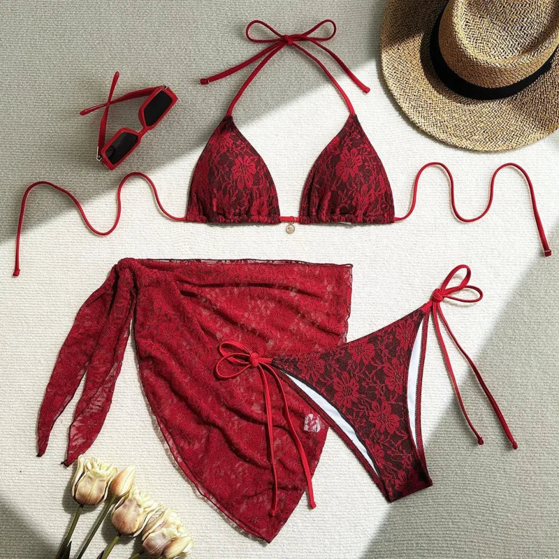 Women's Lace Three-Piece Bikini Set - Floral Swimwear