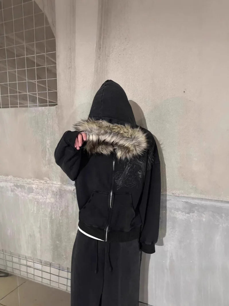 Women's Faux Fur Collar Hoodie - Graphic Zip-Up Jacket