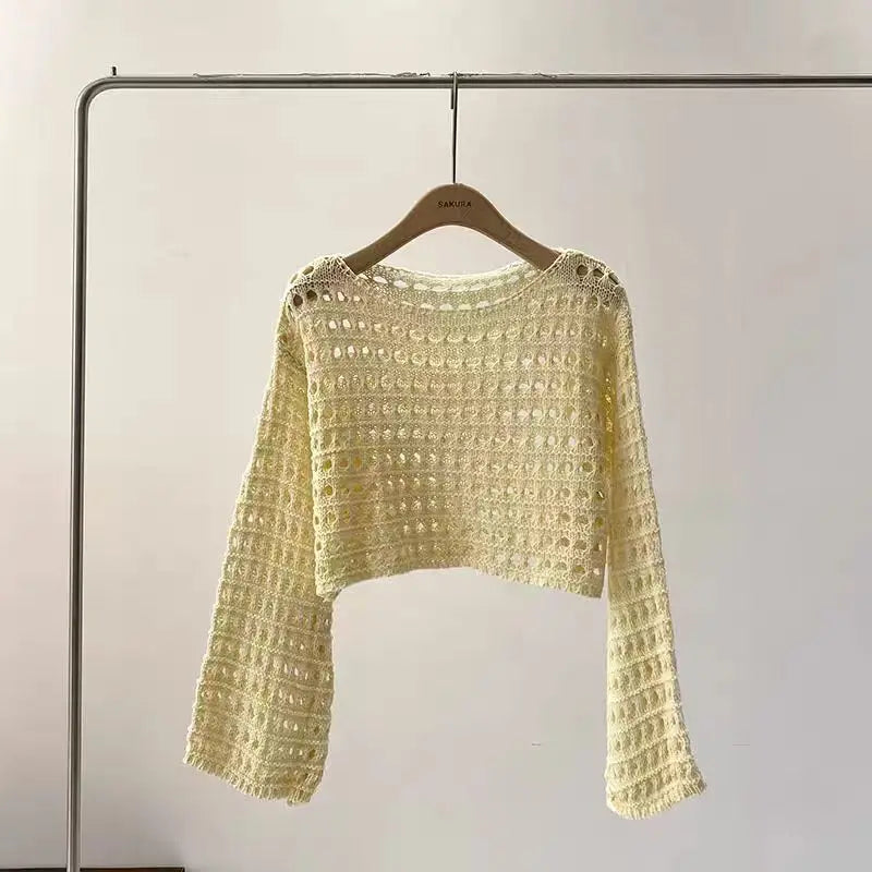 Women's Crochet Cover-Up Top - Long Sleeve Beach Pullover - Apricot