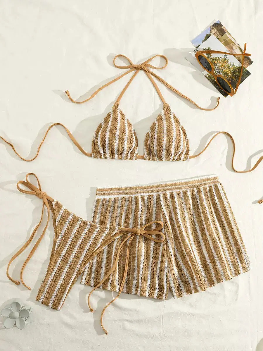 Women's Three-Piece Bikini Set - Lace-Up Mesh Swimwear - Camel
