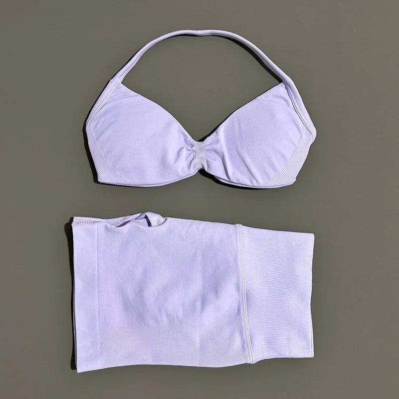 Women's Two-Piece Workout Set - Sports Bra and Shorts - Lilac Purple