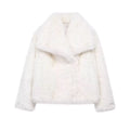 Women's Faux Fur Jacket - Cropped Snap-Front Coat - White