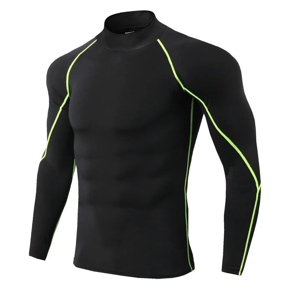 Men's Compression Workout Shirt - Long Sleeve Athletic Top - Blackgreen Line