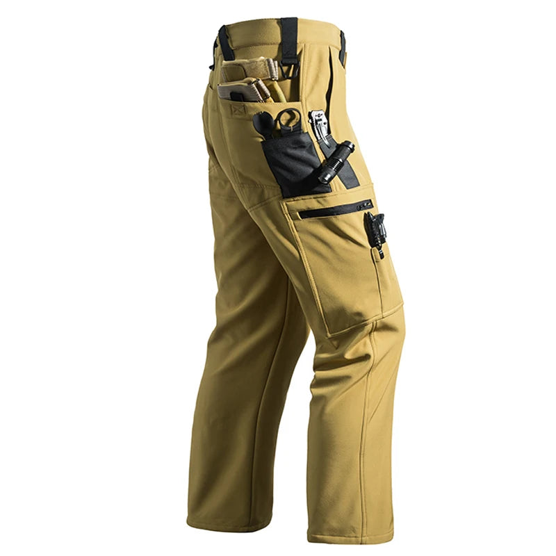 Men's Fleece Cargo Hiking Pants - Outdoor Softshell Trousers - Khaki Pant Thick Jkc