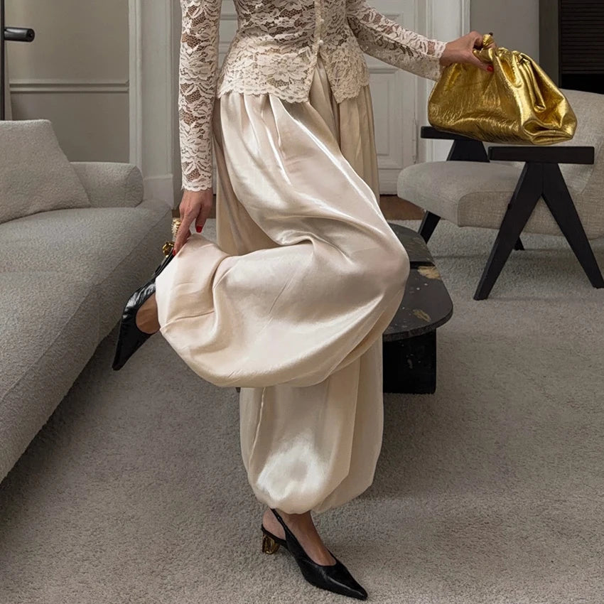 Pleated Wide-Leg Trousers - High Waist Loose Pants