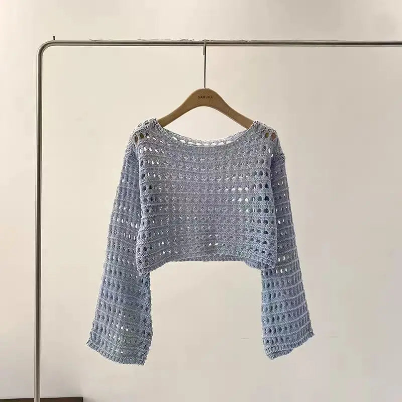 Women's Crochet Cover-Up Top - Long Sleeve Beach Pullover - Light Blue