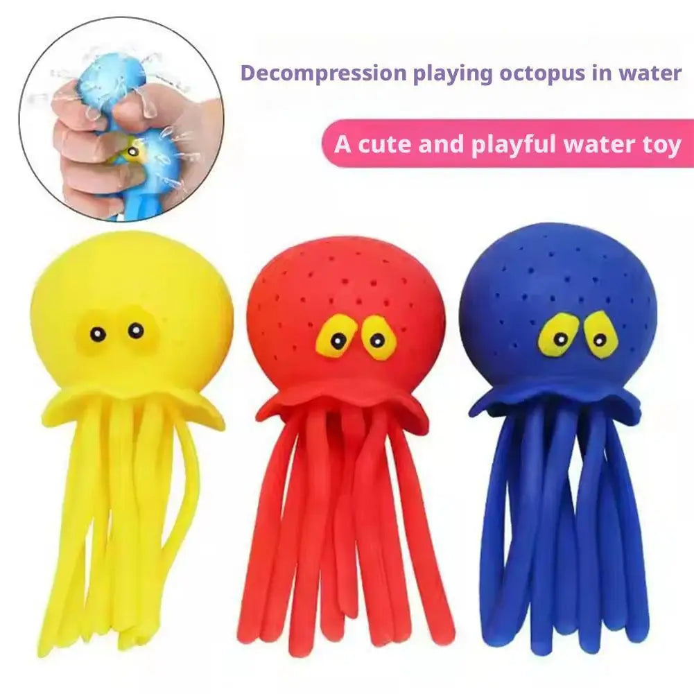 Octopus Bath Toy - Silicone Water Play Squeeze Toy - Red Yellow Blue