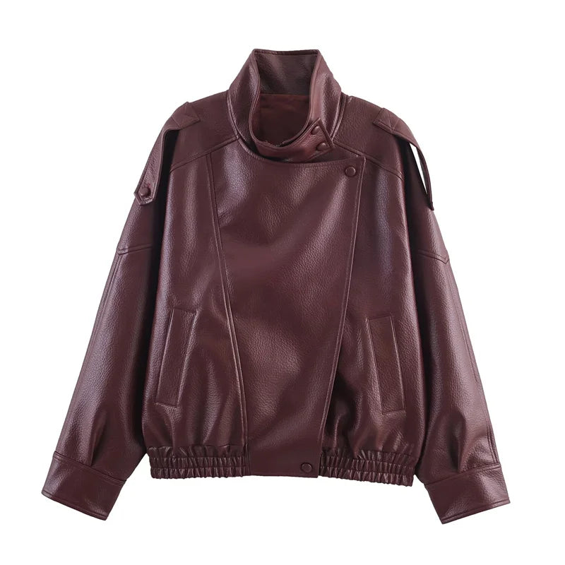 Women's Faux Leather Jacket - Zipper Front Fall Outerwear - Claret