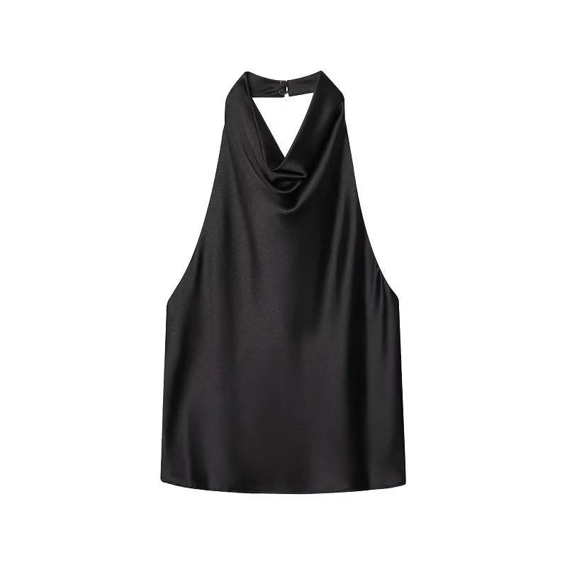 Women's Satin Halter Top - Backless Summer Camisole - Black