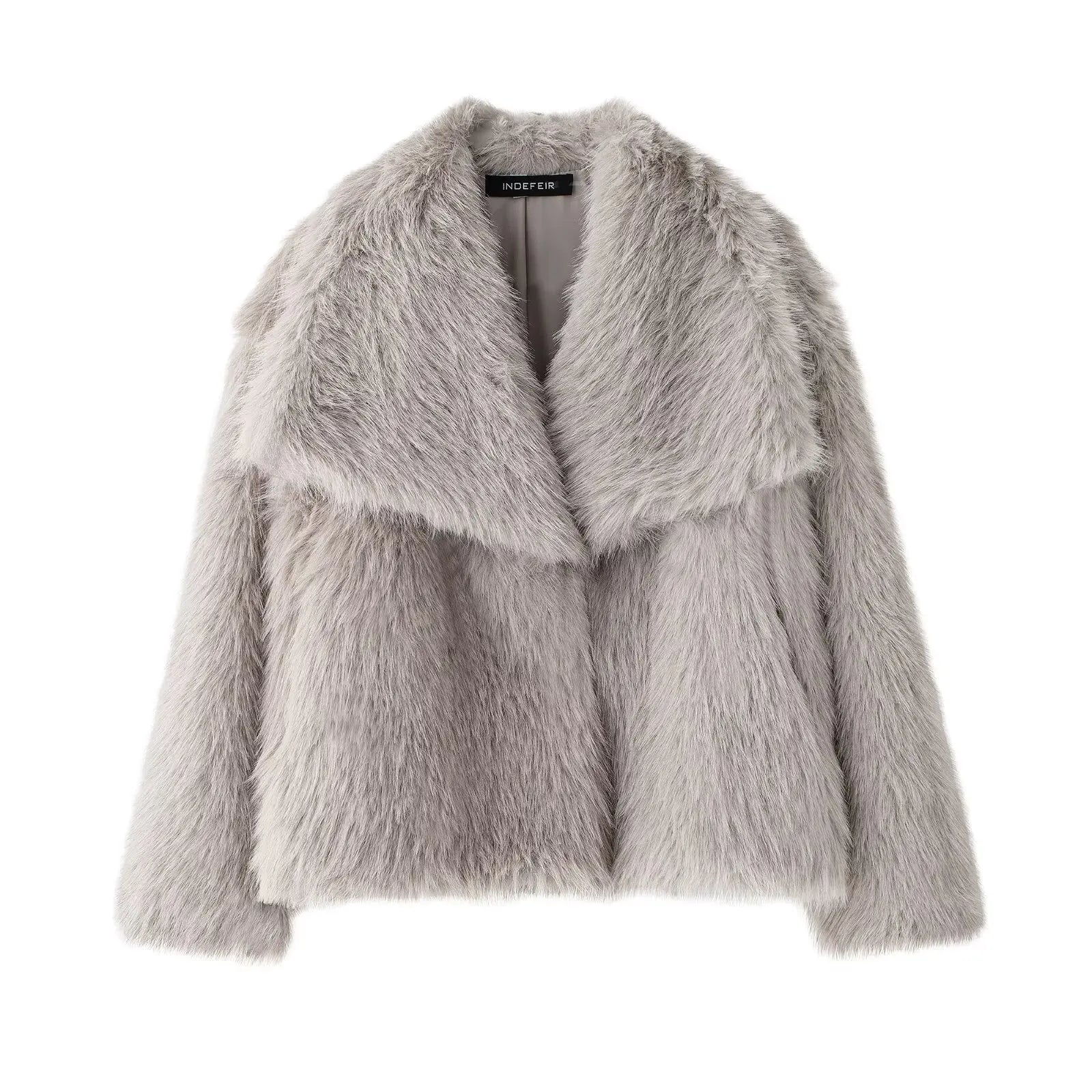 Women's Faux Fur Jacket - Cropped Snap-Front Coat - Beige Gray