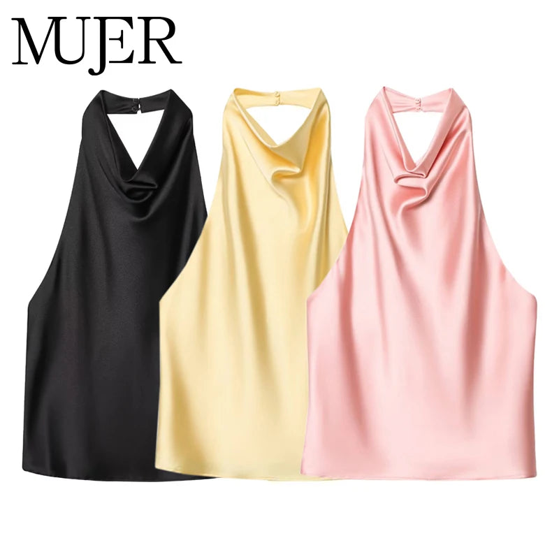 Women's Satin Halter Top - Backless Summer Camisole