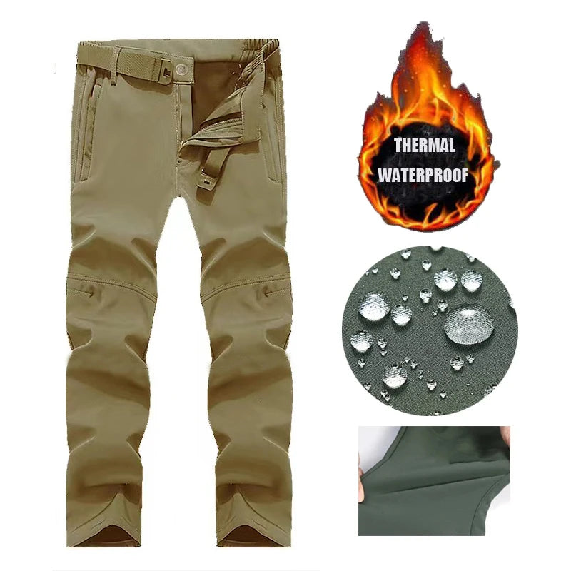 Men's Fleece Cargo Hiking Pants - Outdoor Softshell Trousers - Khaki X5 Pant