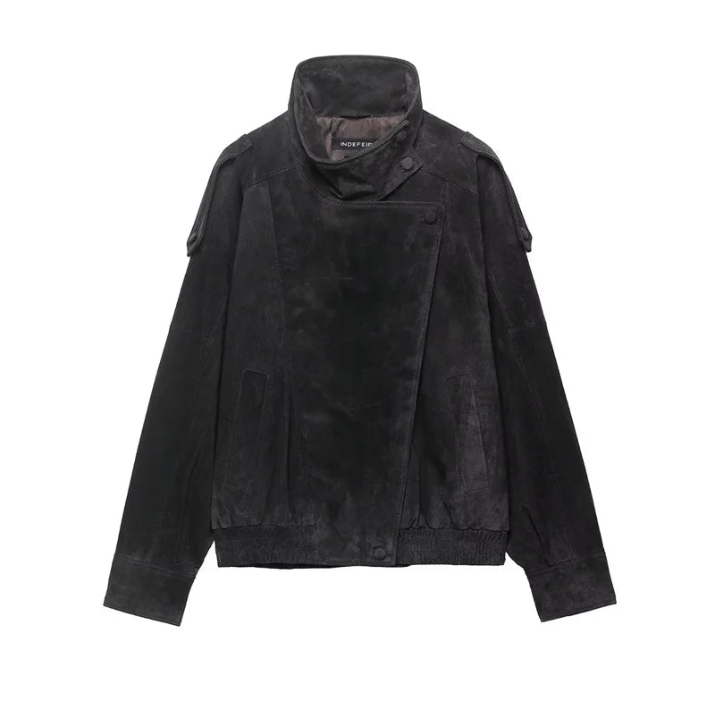 Women's Faux Leather Jacket - Zipper Front Fall Outerwear - As Pictured