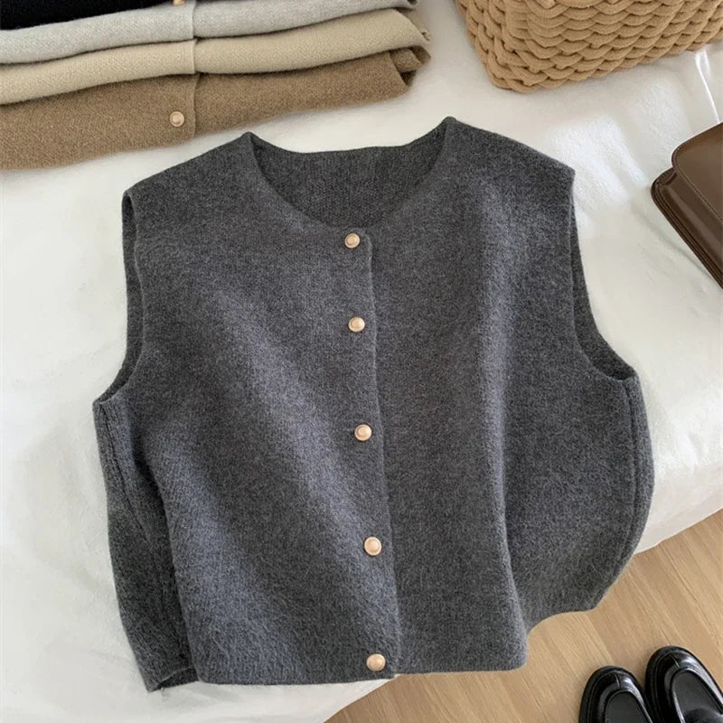 Women's Button Sweater Vest - Sleeveless Knit Cardigan Top - Gray