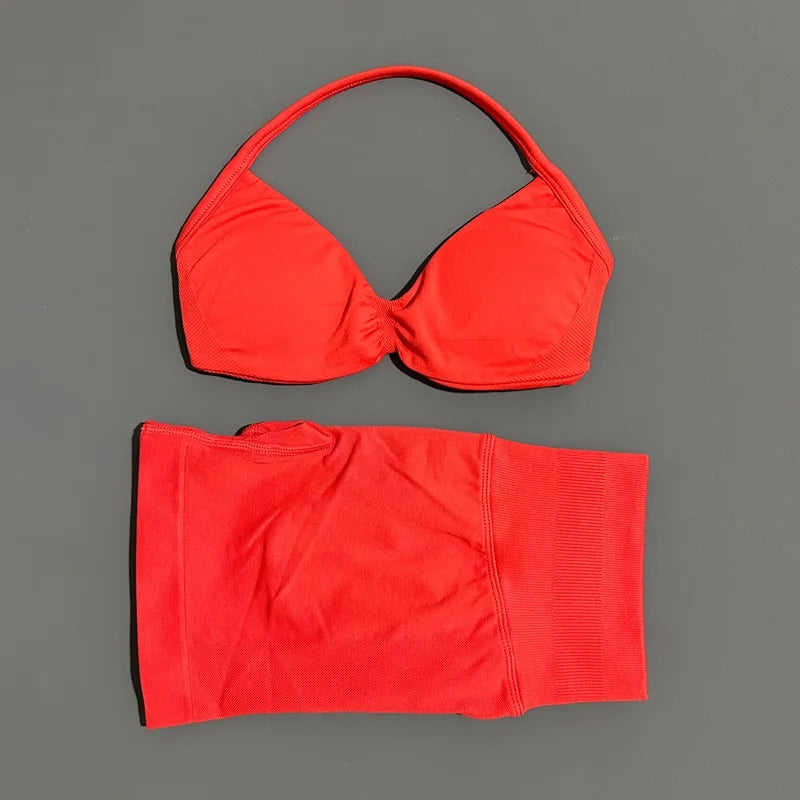Women's Two-Piece Workout Set - Sports Bra and Shorts - Chili Red