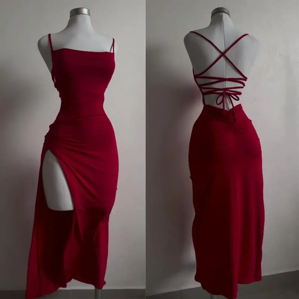 Women's Halter Strap Dress - Sleeveless Bodycon Style - Red