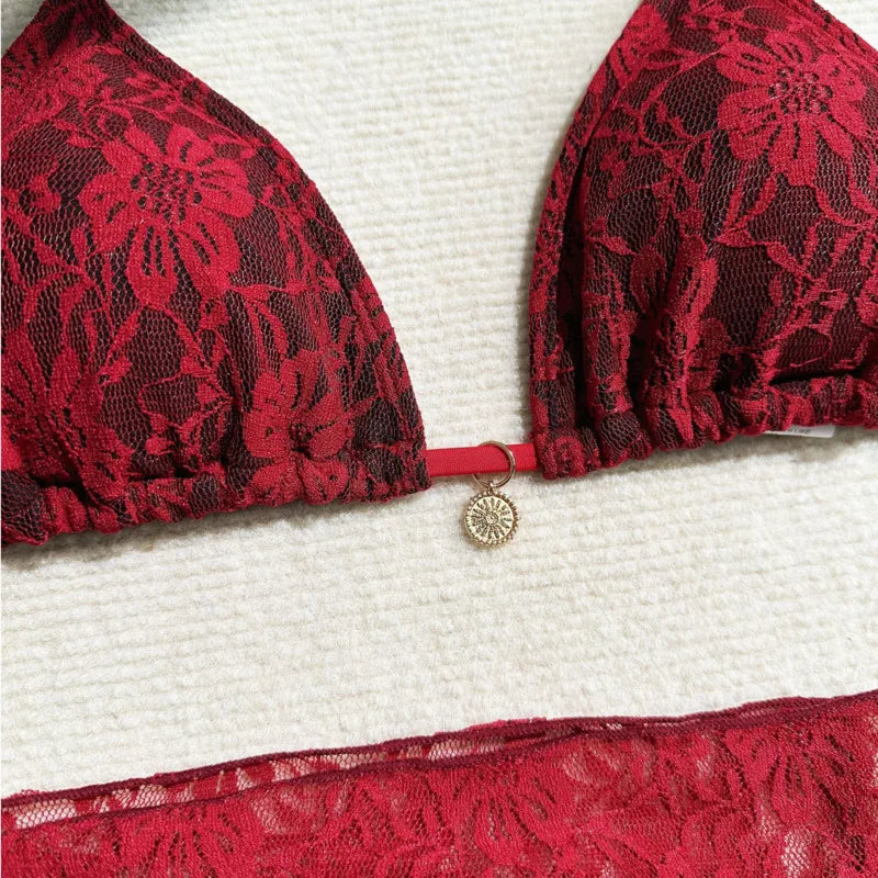 Women's Lace Three-Piece Bikini Set - Floral Swimwear