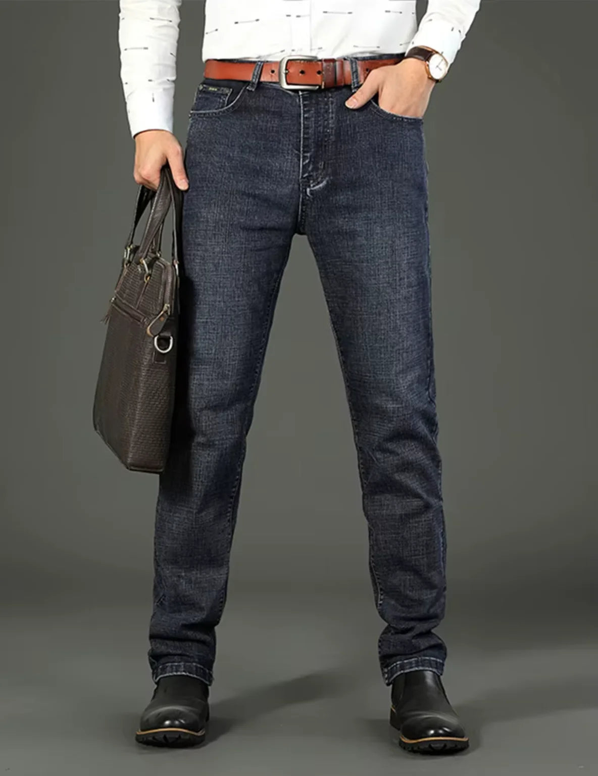 Men's Straight Stretch Jeans - Classic Casual Denim Pants - Navy Blue
