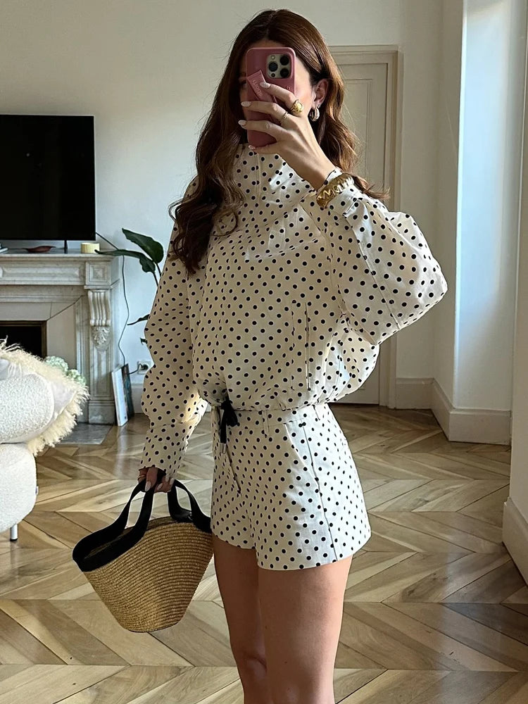 Women's Polka Dot Zip Jacket - Drawstring Casual Outerwear