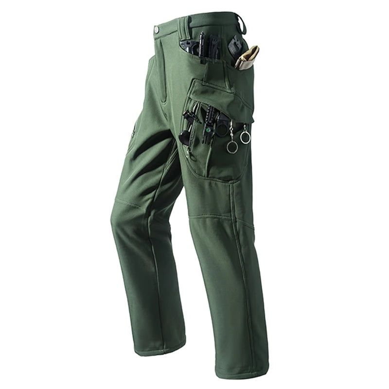 Men's Fleece Cargo Hiking Pants - Outdoor Softshell Trousers - Green X9 Pant