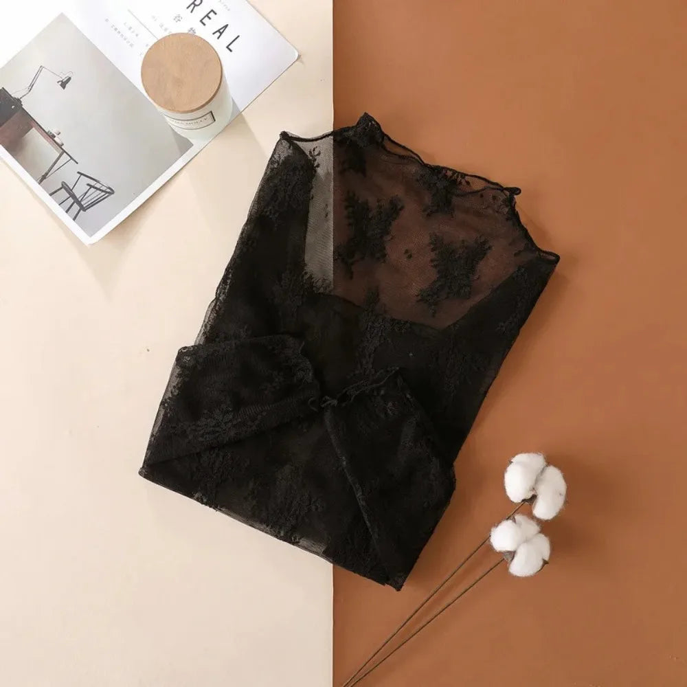 Women's Mesh Lace Top - Long Sleeve Sheer Blouse - Black