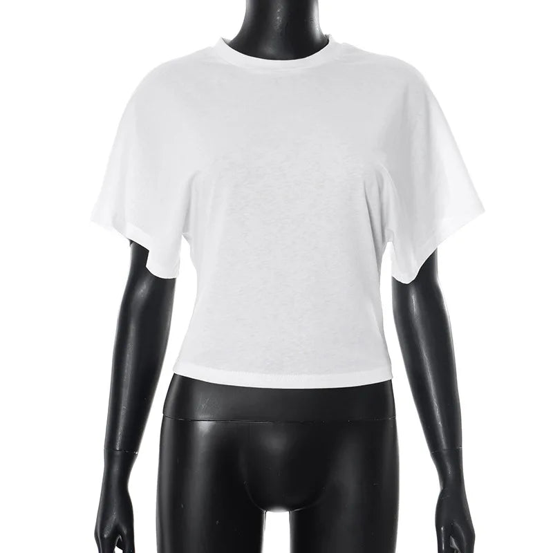 Cotton Cropped T-Shirt - Short Sleeve Crew Neck Top - White