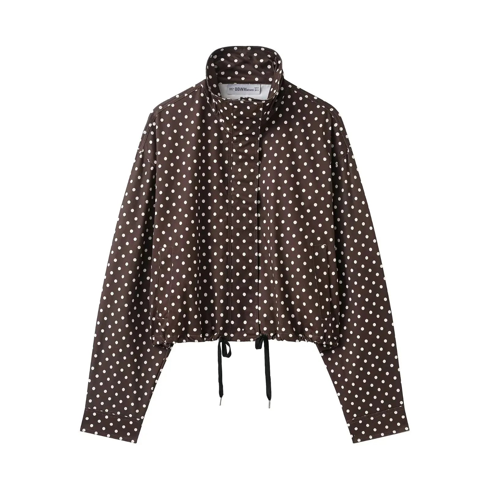 Women's Polka Dot Zip Jacket - Drawstring Casual Outerwear - Brown Dot