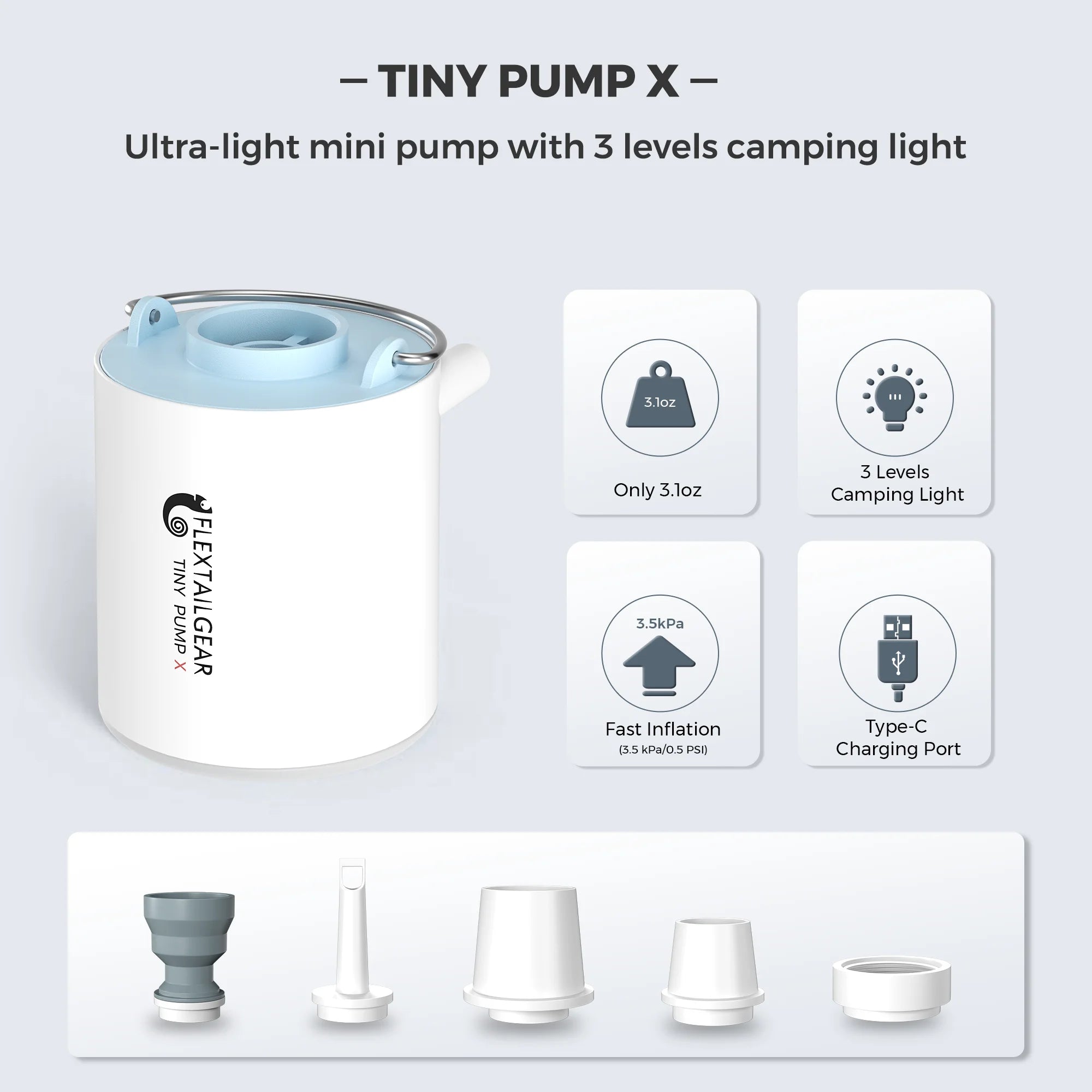 Portable Camping Air Pump - USB-C Pump with Built-In Light - Blue