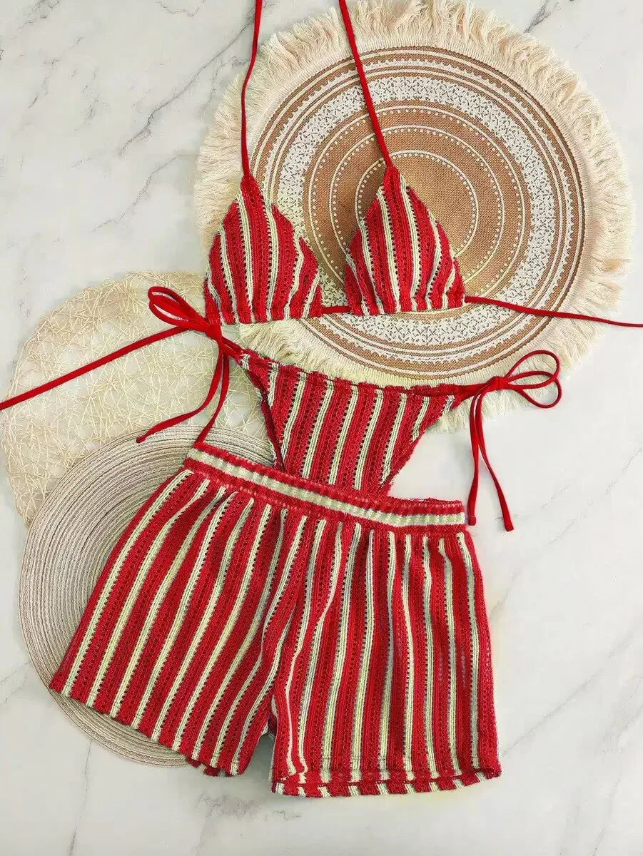 Women's Three-Piece Bikini Set - Lace-Up Mesh Swimwear - Red