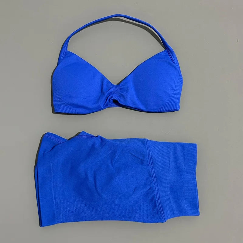 Women's Two-Piece Workout Set - Sports Bra and Shorts - Deep Sea Blue