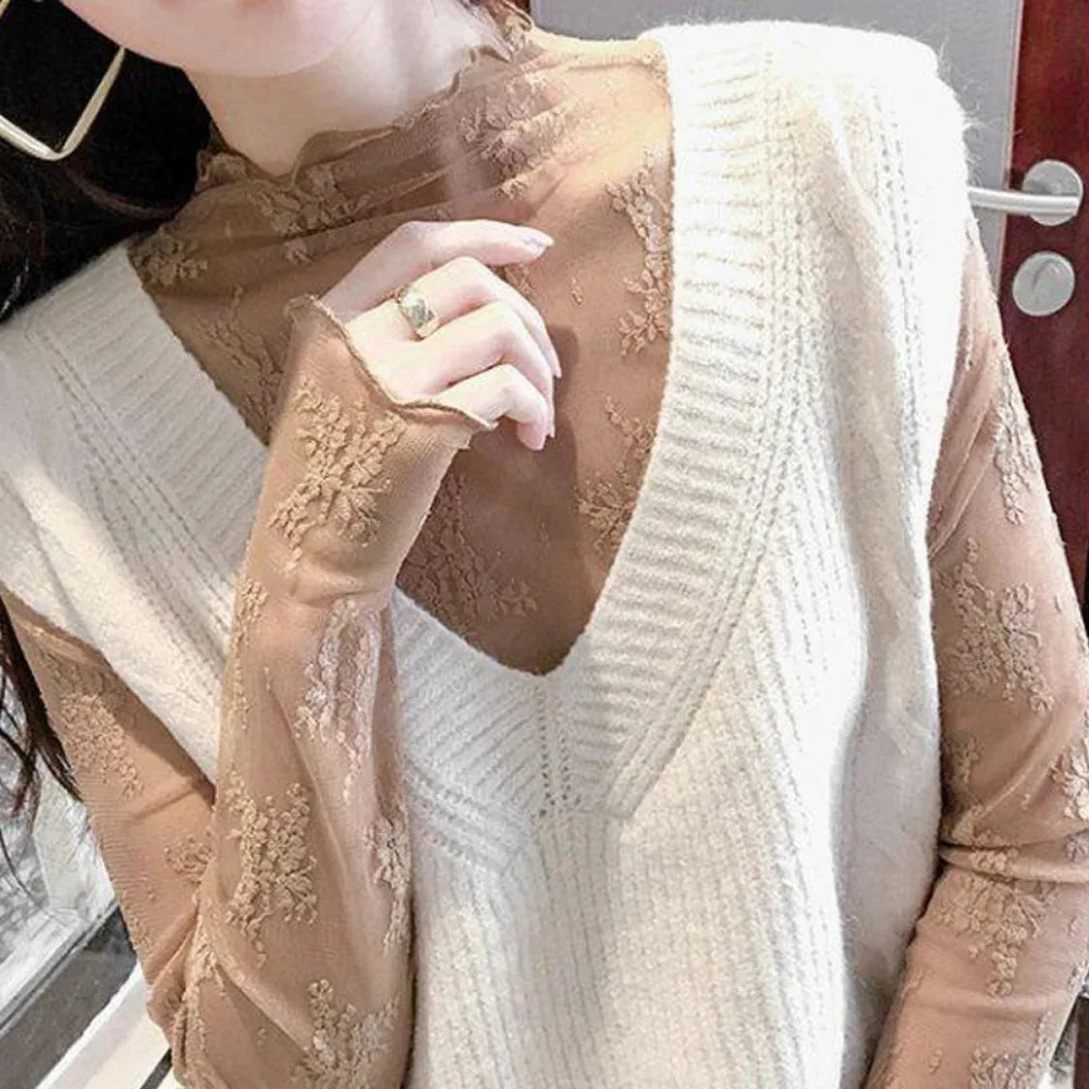 Women's Mesh Lace Top - Long Sleeve Sheer Blouse