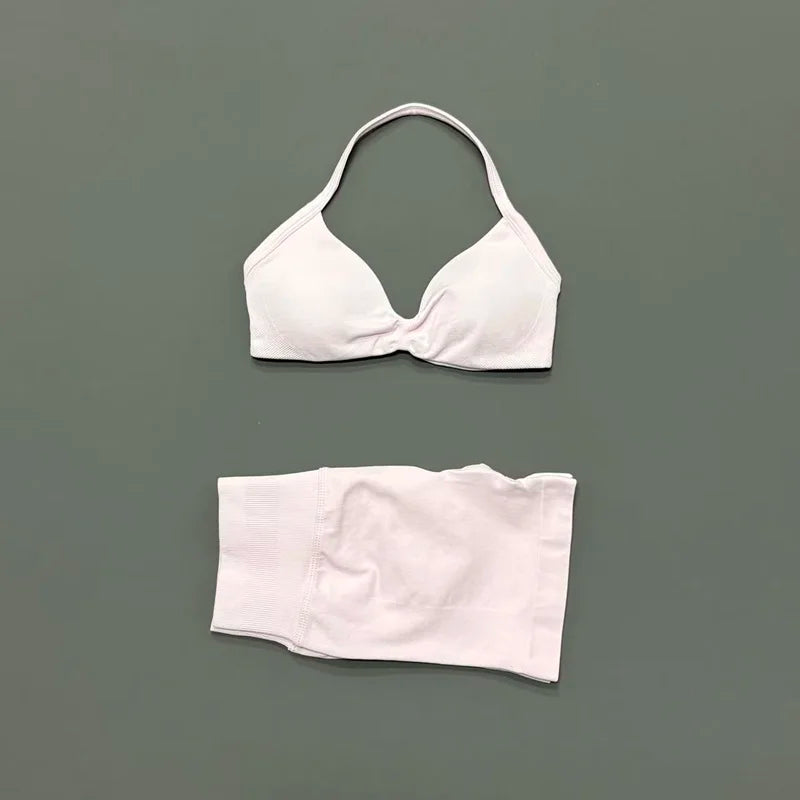 Women's Two-Piece Workout Set - Sports Bra and Shorts - Pearl Pink