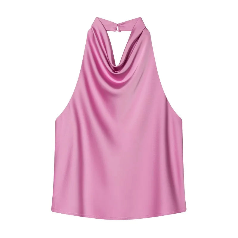Women's Satin Halter Top - Backless Summer Camisole - Rose Red