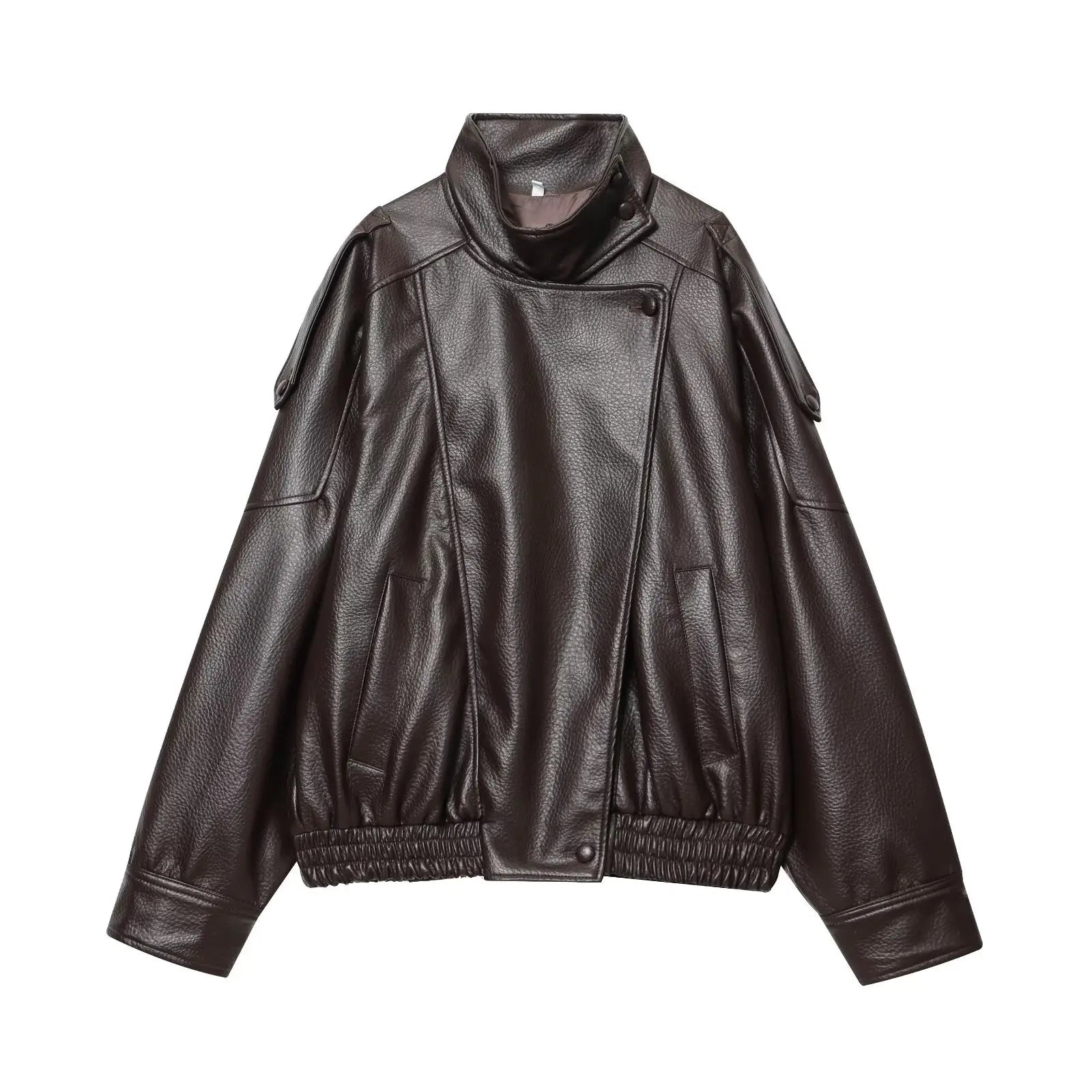 Women's Faux Leather Jacket - Stand Collar Zipper Coat - Brown